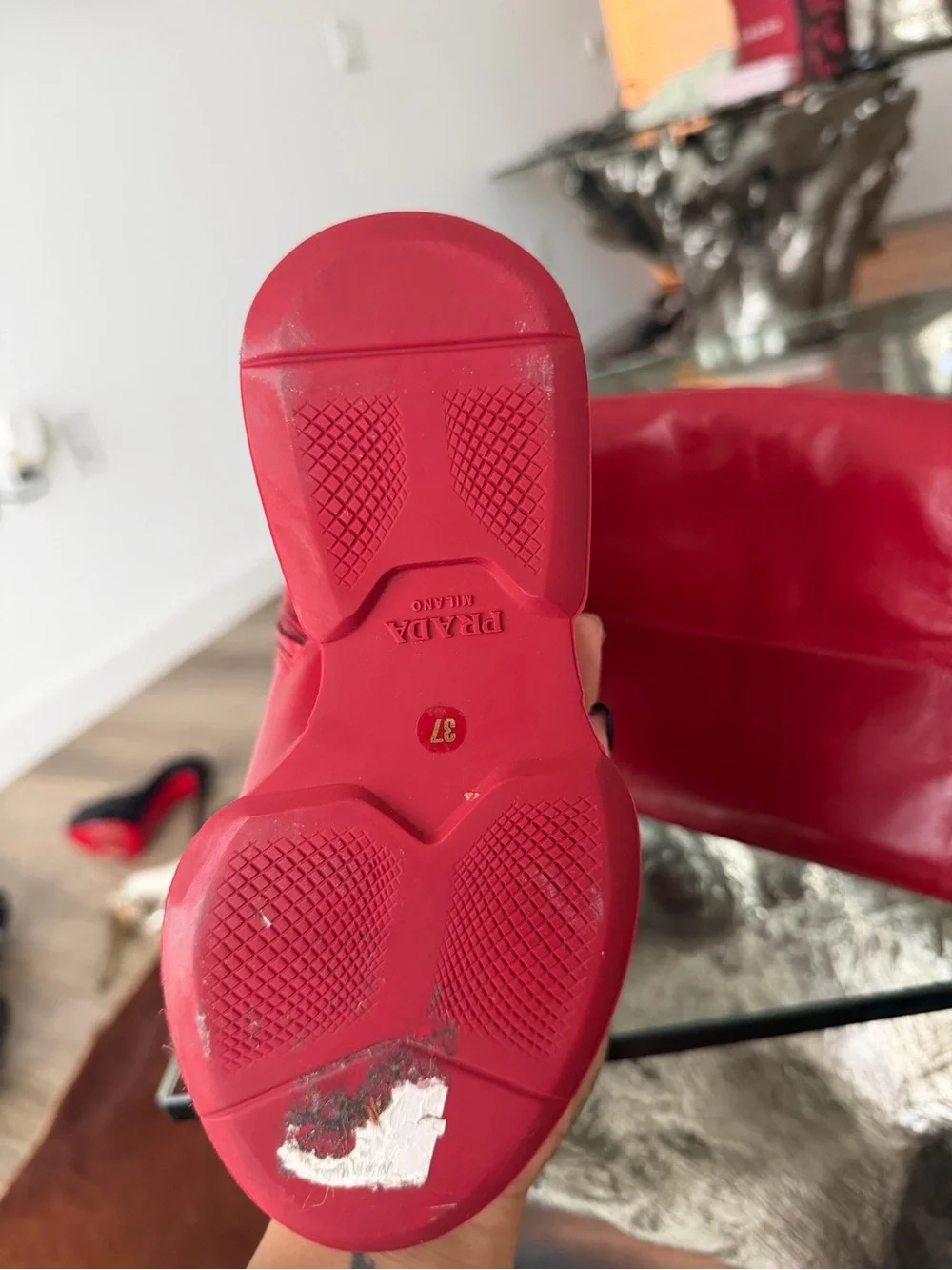 Prada Red Leather Over-the-Knee Wedge Boots